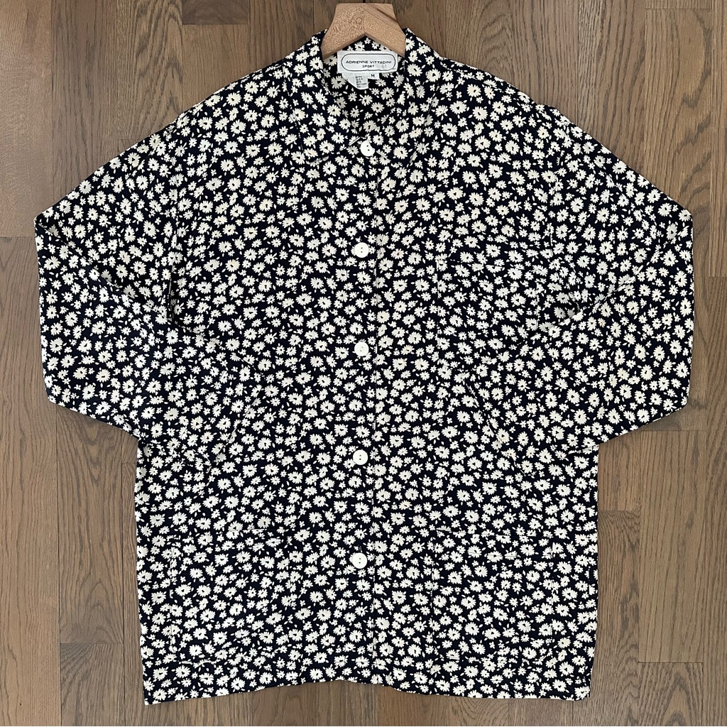 Vintage Ditsy Floral Print Long Sleeve Crepe Shirt Jacket Navy And Cream Medium